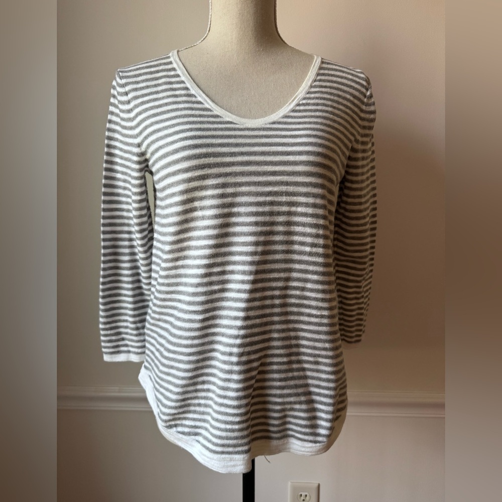 LOFT Gray and White Striped Scoop Neck Sweater 100% Cotton Small